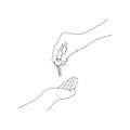 Hand giving a key. Handing over a key from one person to another. Purchase concept. Line drawing. Vector illustration