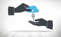 Hand giving keys to cloud. Royalty Free Stock Photo