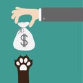 Hand giving money bag with dollar sign. Dog cat paw print taking gift. Adopt Royalty Free Stock Photo