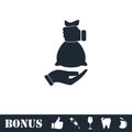 Hand giving money bag to another hand icon flat Royalty Free Stock Photo