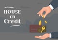 Hand giving money and key. House on credit. Vector illustration in a modern style. Vector banner House on credit Royalty Free Stock Photo