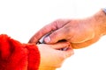 Hand giving money like bribe or tips isolated, hard worked hand taking dollars money. Currency transfer on white background.