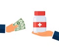 Hand giving money for medicine. Buying medical pills for dollar bills. healthcare. Medicine healthcare concept, Vector Royalty Free Stock Photo
