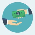 Hand giving money to other hand flat design vector illustration Royalty Free Stock Photo