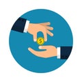 Hand giving money to other hand illustration in circle. Vector Royalty Free Stock Photo