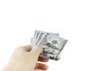 Hand giving money on white background, concept of investment, success and profitable Royalty Free Stock Photo