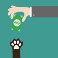 Hand giving paper money cash with dollar sign. Dog cat paw print taking gift. Adopt, donate, help, love pet animal. Helping hand c