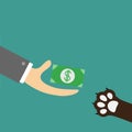 Hand giving paper money cash with dollar sign. Dog cat paw print taking gift. Helping hand concept. Adopt, donate, help, love pet Royalty Free Stock Photo