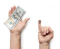 Hand giving salary; comparison of those who pay generously and sparingly; a lot of money and little money; comparison of