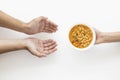 Hand giving soup bowl needy person. High quality and resolution beautiful photo concept Royalty Free Stock Photo