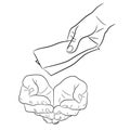 Hand, giving and taking money banknotes monochrome vector illustration