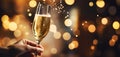 Hand with a glass of alcohol free champagne on warm bokeh background with copy space. Sparkling champagne in a flute glass. Royalty Free Stock Photo