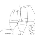 People Clink Glasses. Hands hold Glass goblets with drinks. One continuous Line style illustration.