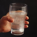 Hand with a glass of water and effervescent pill on dark background. Royalty Free Stock Photo