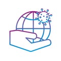 Hand with global sphere and covid 19 virus gradient line style icon vector design