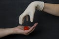 Hand without a glove holds dangerous red coronavirus, hand in white medical disposable rubber latex glove closes, destroys virus, Royalty Free Stock Photo