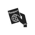Hand in glove holds passport black glyph icon. Safe travel. Pictogram for web, mobile app, promo.