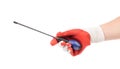 Hand in glove holds screwdriver. Royalty Free Stock Photo