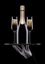 Hand with glove holds tray with champagne glasses Royalty Free Stock Photo