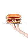 Hand with glove holds tray with fresh beef burger
