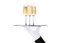 Hand with glove holds tray with glass of champagne Royalty Free Stock Photo
