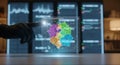 Hand in glove interacting with futuristic holographic customer segmentation data visualization Royalty Free Stock Photo