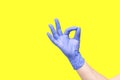 Hand in glove isolated on yellow background. Symbol OK. Everything is good. All right. Okey. Okay. Very good. A little bit. You`r