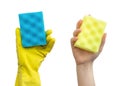 Hand in glove with kitchen sponge for cleaning compare to hand without the rubber glove, isolated on a white background Royalty Free Stock Photo