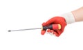 Hand in glove with red screwdriver. Royalty Free Stock Photo