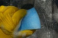 A hand in a glove washes a blue sponge window Royalty Free Stock Photo