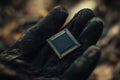 hand in gloves holding an advanced third-generation microchip with a black, rectangular shape, set against a clean Royalty Free Stock Photo