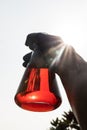 Hand with gloves holding beaker with red color unrefined palm oil against sky