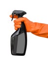 Hand in gloves holds black color spray bottle.