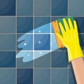 Hand in gloves with sponge wash wall Royalty Free Stock Photo