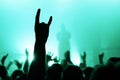 Hand with a goat sign of dancing punk from the crowd at a rock concert of a popular band