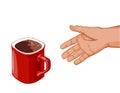 Hand goes to the red cup of coffee