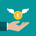 Hand with gold pound sterling coin with wings. Vector flat illustration on blue. Give, receive, take, earn money