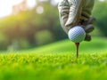 Hand in golf glove putting golf ball on tee in golf course for healthy sport Royalty Free Stock Photo