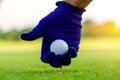 Hand Golfer hold Golf ball with tee ready to be shot at golf court Royalty Free Stock Photo
