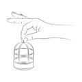 Hand gracefully holds an empty bird cage. Concept of freedom, leaving comfort zone, liberation from restraining restrictions Royalty Free Stock Photo