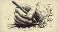 A hand grasping an ink pen, writing on paper in black and white with bold lines, emphasizing the contrast between a Royalty Free Stock Photo