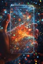 A hand grasping a smartphone reveals a futuristic holographic interface featuring digital data and luminous network Royalty Free Stock Photo
