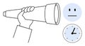 Hand holding a telescope with neutral face and clock icon representing observation and time management Royalty Free Stock Photo