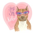 Hand grawn smiling dog in pink glasses and lettering inspiration Jast say hello. Print for t-shirts, posters, bags and