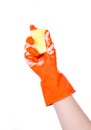 Hand with green glove holding Royalty Free Stock Photo