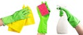 Hand in green glove holding washing sponge, cloth wiper for dust and spray bottle isolated on white Royalty Free Stock Photo