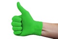 Hand in green medical glove showing approval thumbs up sign isolated on white background