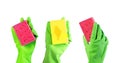 Hand in green rubber glove with washing cleaning sponge isolated on white background Royalty Free Stock Photo