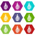 Hand grenade, bomb explosion icon set color hexahedron Royalty Free Stock Photo