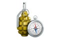 Hand grenade with compass, 3D rendering Royalty Free Stock Photo